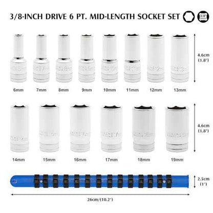 MIXPOWER 3/8" Drive Mid-Length Socket Set with Storage Rails, 14-Piece, 6 Point, 6-19mm, CR-V, Metric, Semi-Deep Socket Set