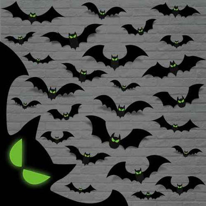 132 Pcs Halloween Bats Wall Decor With Glow in The Dark Eyes - Large 3D Bat Stickers and Decals for Indoor Party Decorations - PVC Black Bats