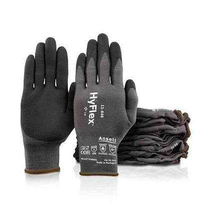 Ansell HyFlex 11-840 Ergonomic Abrasion-Resistant Nitrile Foam Industrial Gloves for Automotive, Fabrication, Utilities - Size 8, Grey (12 Pairs)