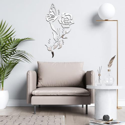1 Set 3D Rose Mirror Wall Stickers, Acrylic Adhesive Removable Silver Wall Decor, Family Floral Art Mirror Decals Peel and Stick for Bathroom Home Living Room TV Background Sofa Backdrop Bedroom