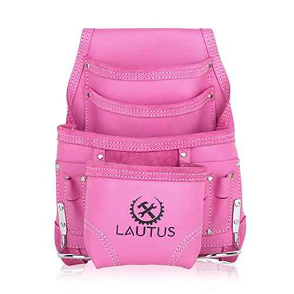LAUTUS Oil Tanned Leather Tool Pouch Bag |Pink |Carpenter, Construction, Framers, Handyman | 10 Pockets, 2 Hammer Holders | 100% Leather