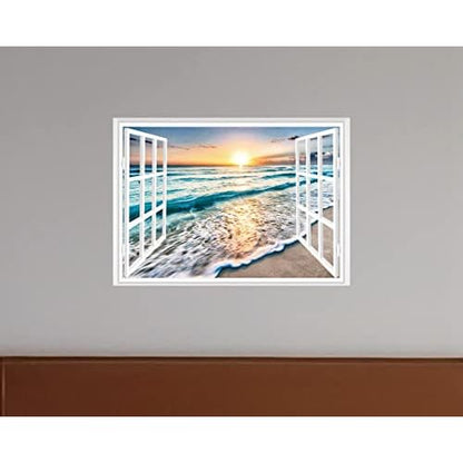 FLFK Fake Window Wall Sticker - Sunset Beach Faux Window Wall Mural for Wall Decor, Stick and Peel Wall Decals,16"x24"