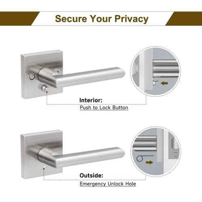 HOSOM 2 Pack Privacy Door Handles with Lock for Bedroom and Bathroom Satin Nickel Keyless Interior Door Knobs Reversible Square Door Locks