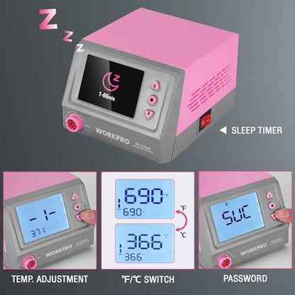WORKPRO Soldering Station, 60W Soldering Iron Kit Digital Display, 5 Extra Iron Tips, Precision Temperature Control Solder Station for Electronic Repair, DIY Enthusiasts - Pink Ribbon