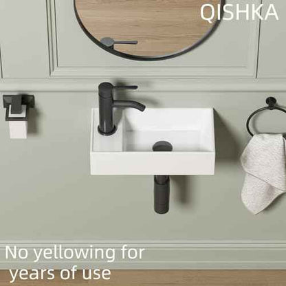 Wall Mount Bathroom Sink, QISHKA 16" x 8.5" Modern Ceramic Rectangular Floating Sink, White Rectangle Wall Hung Wash Basin Vessel Sink, Save Space for Bathrooms (Left Hand)