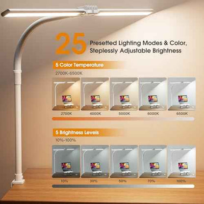 LED Desk Lamp for Home Office - Eye-Caring Computer Desk Light with Clamp, Adjustable Work Lamp with Color Changing, Dimmable Double Head Monitor Light with Gooseneck, White