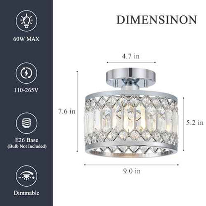 Crystal Chrome Ceiling Light, Modern Semi Flush Mount Ceiling Lighting Fixture, Round Hallway Lighting Fixtures for Entryway Kitchen Bedroom Laundry Room, 1-Light, 9 Inch
