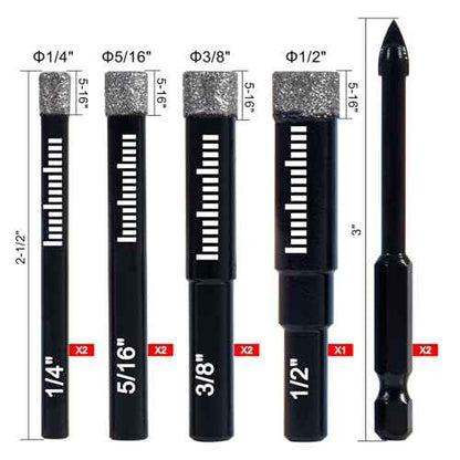 9 Pack Premium Diamond Drill Bit Set - Versatile Tools for Precise Drilling on Porcelain, Ceramic, Glass, Marble, and More