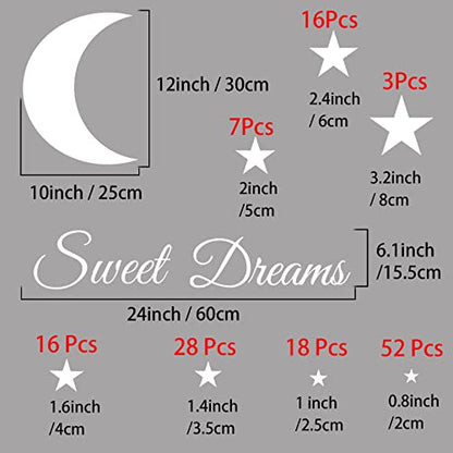 Stars and Moon Wall Decal with Sweet Dreams Quotes Wall Stickers Star Decals for Walls Nursery Wall Decal, White Vinyl Wall Moon Stars Removable Peel and Stick Wallpaper for Kids Girls Boys Bedroom
