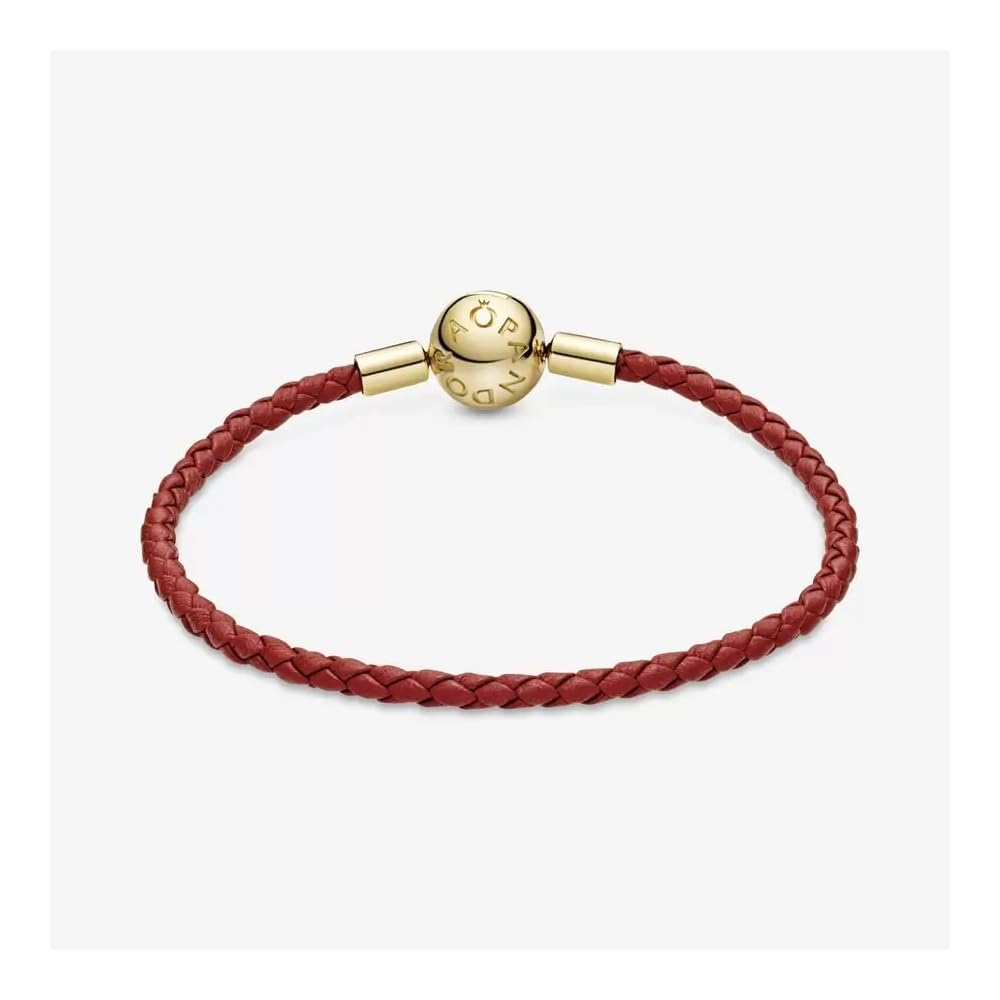 PANDORA Moments Woven Leather Bracelet with 18k Gold-Plated Clasp - Compatible Moments Charms - Features Shine & Leather - Gift for Her - Red, 6.9", with Gift Box