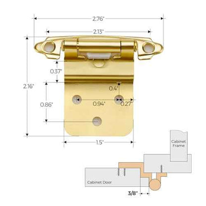 50 Pack (25 Pairs) 3/8 Inch Insert Kitchen Cabinet Hinges, Satin Brass Self Closing Hinges for Kitchen Cabinet Doors, Semi-Concealed Cupboard Hardware, Face Mount Hardware, Gold
