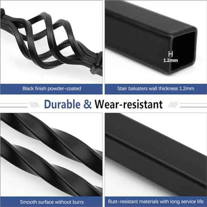 9 Pack Iron Stair Balusters, 36" Balusters for Staircase Interior, Stair Spindles Hollow Single Basket with Knuckles Double Twist 1/2" Square Metal Stair Wrought Iron Balusters (Pre-Cutting)