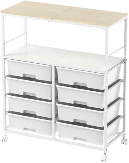 Rolling cart with 8 drawers,Storage drawer cart with wooden tabletop,Lockable wheels organizer for homeschool, arts & crafts, classroom, office & creative spaces (White)