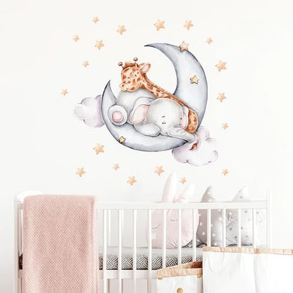 Cute Sleeping Baby Elephant Giraffe Wall Stickers, sacinora Moon and Stars Cartoon DIY Wall Decals Removable Vinyl Peel and Stick for Kids Baby Nursery Bedroom Toddler Room Art Decorations