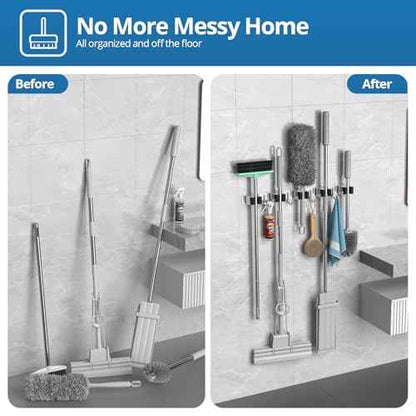 2 Pack Broom Holder Wall Mount Mop and Broom Hanger Broom Organizer Storage Tool Racks Stainless Steel Heavy Duty for Kitchen Garden Laundry Garage (5 Racks with 4 Hooks)