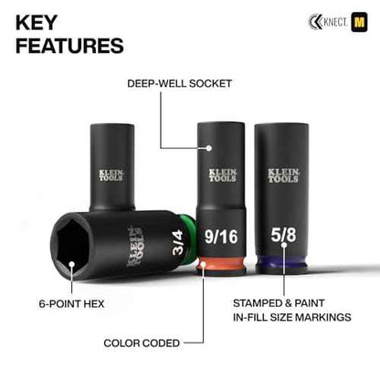 Klein Tools 65109IMPCT KNECT Deep-Well 3/8-Inch Drive Impact Socket Set, SAE, 9-Piece Tool Set with Impact Driver Adapter, Multi-Purpose Wrench Adapter, Color-Coded, MODbox Socket Organizer