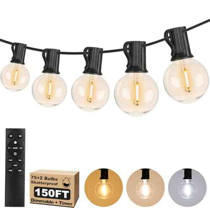 150FT LED Outdoor String Lights with 3 Color Lights, Dimmable String Lights for Outside with Remote, G40 Globe Waterproof Patio Lights with 75+2 Shatterproof Bulbs for Party Backyard BBQ House Camping