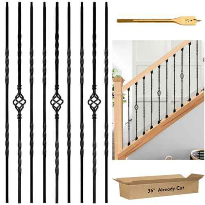 9 Pack Iron Stair Balusters, 36" Balusters for Staircase Interior, Stair Spindles Hollow Single Basket with Knuckles Double Twist 1/2" Square Metal Stair Wrought Iron Balusters (Pre-Cutting)