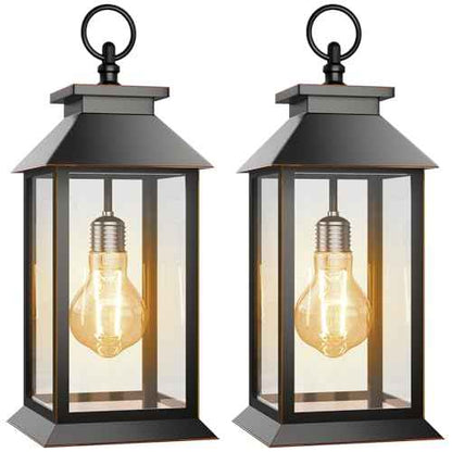 2 Pack Hanging Solar Lanterns Glass Solar Lights Outdoor Waterproof Upgraded Solar and 2 AA Batteries Powered, for Outside Porch, Patio and Indoor Tables, Mantelpiece