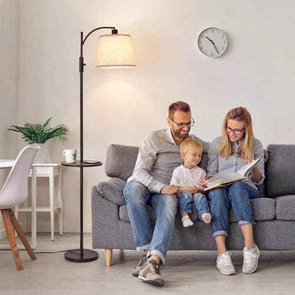 AIDENOEY Fully Dimmable Floor Lamp for Living Room£¬Standing Lamp Rotary Switch with Table&Linen Beige Shade£¬Black Tall Lamps for Bedroom with Adjust Head£¬9W LED Bulb Included