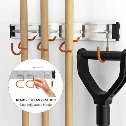 34.5'' Aluminum Alloy Garden Tool Organizer Wall Mount Garage Organizers and Storage with Hooks Tool Hangers for Shed Hooks for Shovel, Rake, Broom & More