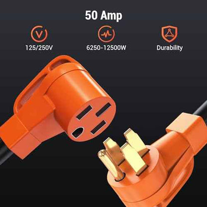 Tera Extension Cord 50 Amp RV & EV 3 FT: NEMA 14-50P to 14-50R 4 Prong 250V Heavy Duty with Grip Handle Cord Organizer 6/3+8/1 Gauge STW RV Power Cord for Tesla J1772, Orange