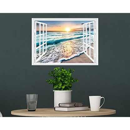 FLFK Fake Window Wall Sticker - Sunset Beach Faux Window Wall Mural for Wall Decor, Stick and Peel Wall Decals,16"x24"