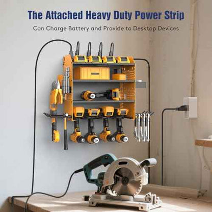 Heavy Duty Power Tool Organizer Wall Mount with Charging Station, 4 Layer Garage Storage Adjustable Shelves Height, Holds 4 Drills, 2 Hooks, Screw & Screwdriver box, Gifts for Fathers Day, Anniversary