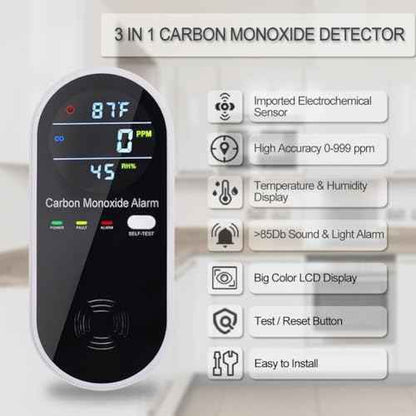 Carbon Monoxide Detectors, Carbon Monoxide Detector Plug in with Temperature Humidity Sensor Built-in, CO Level Monitor Alarm with Clear LCD Display Sound & Light Warning for Home/Hotel/RV