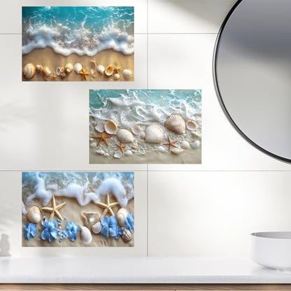 3 Sheets Vinyl Blue Ocean Wall Sticker Beach Shell Wall Decal Blue Sea Floral Peel and Stick Clings for Bathroom Room Bedroom Decorations