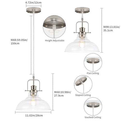 WILON Brushed Nickel Glass Pendant Lights Kitchen Island Lighting, Modern Hanging Lamp for Sink Dining Room Over Table Hallway Entryway Bar Foyer Bathroom
