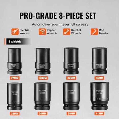 VEVOR 1" Drive Impact Socket Set, 8 Piece Deep Socket Set Metric 27-41mm, 6 Point Cr-Mo Alloy Steel for Auto Repair, Easy-to-Read Size Markings, Rugged Construction, Includes Storage Case