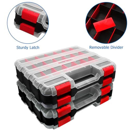 Double Side Tool Box Organizer, Hardware Storage Box, Portable Small Parts Organizer with Removable Plastic Dividers for Screws, Nuts, Nails, Bolts (Red)