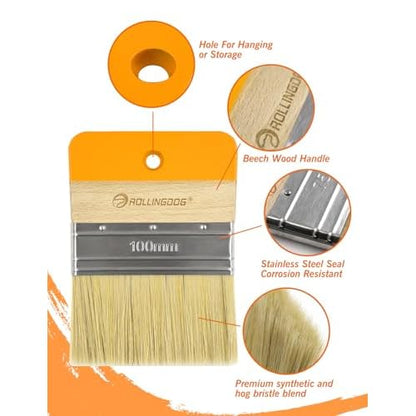 ROLLINGDOG 4" Flat Paddle Paint Brush - Decorative Brush for Walls Texture Paint and Artist Painting