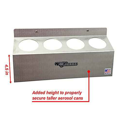 Pit Posse 303 Four Bottle Aerosol Spray Can Rack Shelf Holder 15.5" Caddy - Made in USA - Aluminum Enclosed Trailer Shop Garage Storage Organizer - Mounting Hardware Included (Silver)