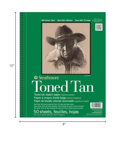Strathmore 400 Series Wire Bound Toned Sketch Pad, 80 lb. Paper, 9 X 12 inches, Tan, 50 Sheets (412-9)