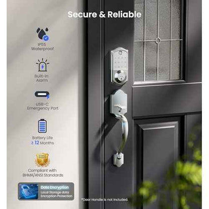 Veise VE017 Fingerprint Smart Door Lock, App Control, 7-in-1 Keyless Entry, Auto Lock, Emergency Power Port, Electronic Touchscreen Keypad, Biometric Smart Locks for Front Door, Satin Nickel