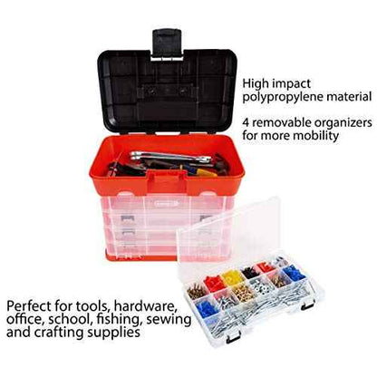 Portable Tool Storage Box - Small Parts Organizer with 4 Multi-Compartment Trays for Fishing Tackle, Hand Tools, or Craft Supplies by Stalwart