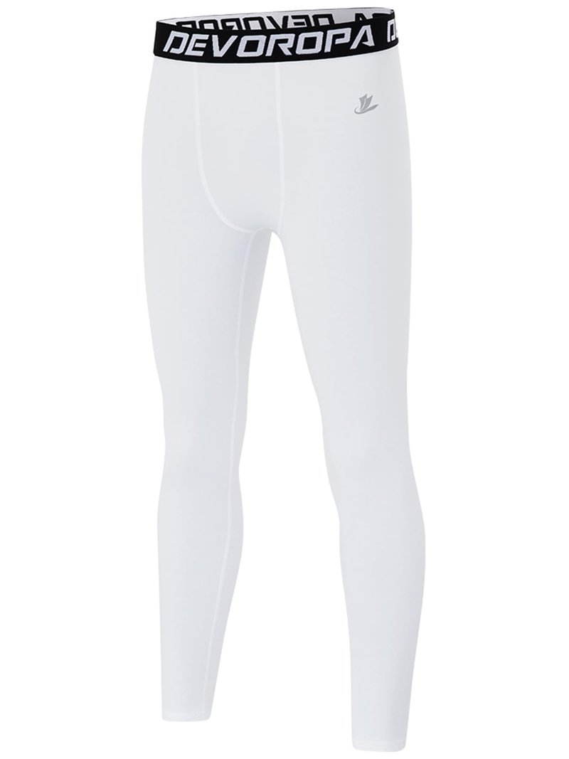 DEVOROPA Boys Leggings Quick Dry Youth Compression Pants Sports Tights Basketball Base Layer White XS