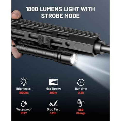 EZshoot 1800 Lumens Tactical Rifle Light with Remote Pressure Switch Compatible with M-Rail, IPX7 Waterproof Rechargeable Rifle Flashlight with Strobe Mode for Home Defence, Hunting