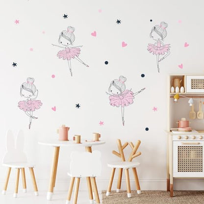 4 Cute Ballerina Ballet Dancers Wall Decals for Girls Bedroom Large Removable Wall Stickers for Classroom Pink and Black Wall Murals Peel and Stick Vinyl Kids Room Decor for Living Room Nursery