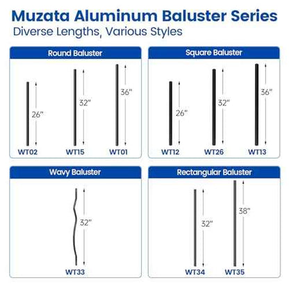 Muzata 25Pack 32'' Aluminum Deck Balusters Facemount Rectangular Railing Metal Spindles with Screws Stair Porch Staircase Deck Spindles for Wood and Composite Fencing WT34