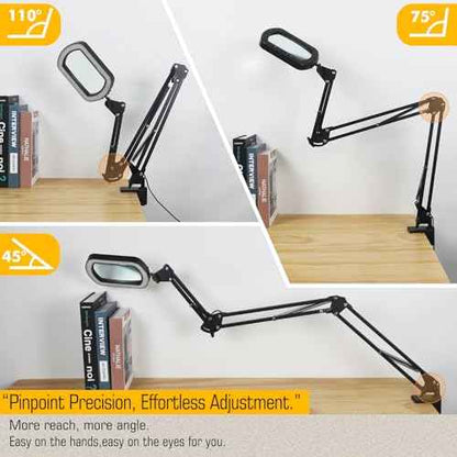 Magnifying Glass with Light Square Magnifier Desk Lamp 10X Close Up Work for Desktop Bench Crafting, Reading, Sewing, Ultra Long Swing Arm 3-Section, 5 Color Modes Design Rectangle Head Controller