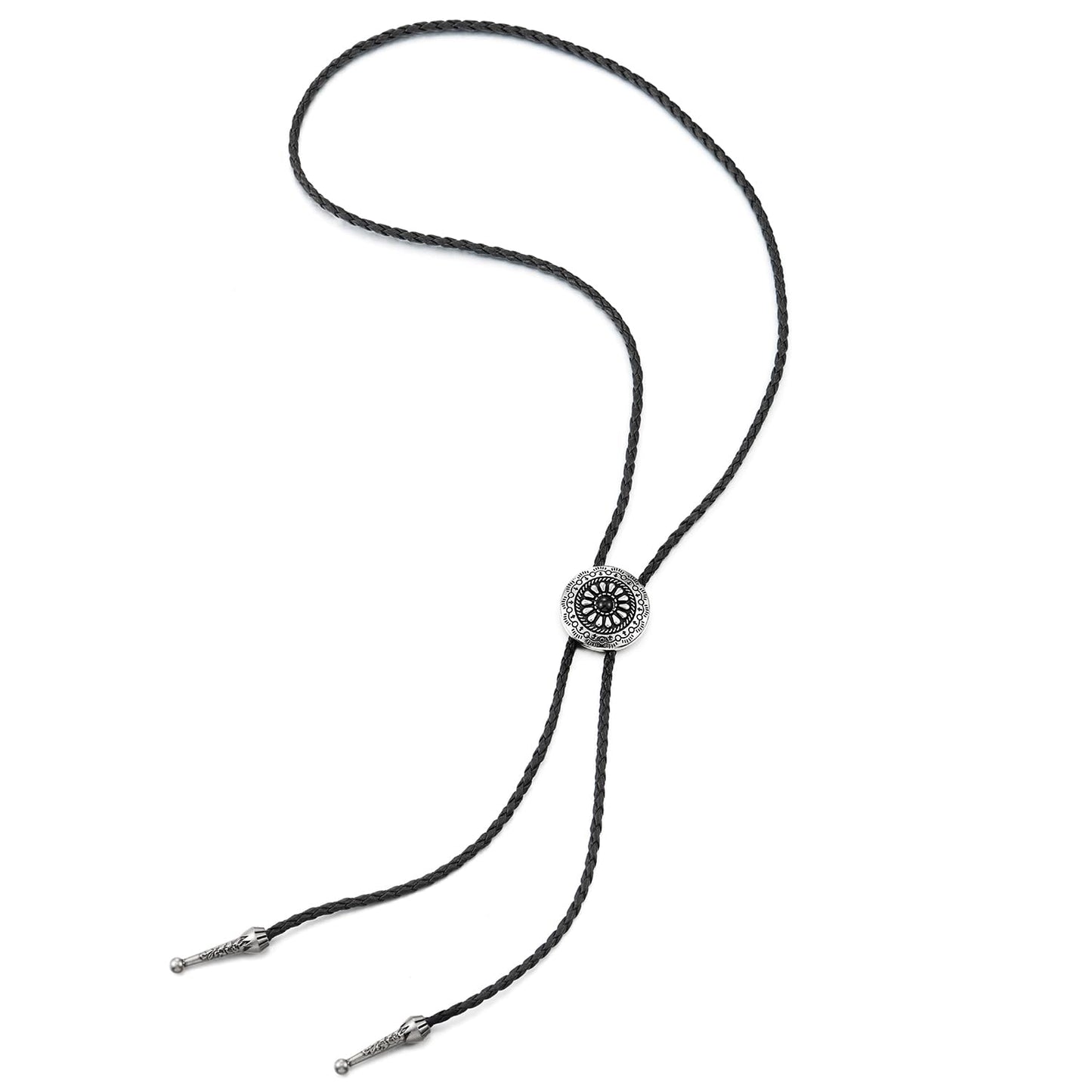 COOLSTEELANDBEYOND Vintage Medallion Sunburst Pattern Bolo Tie Necktie, Lariat Rodeo Y Necklace, Black Braided Leather
