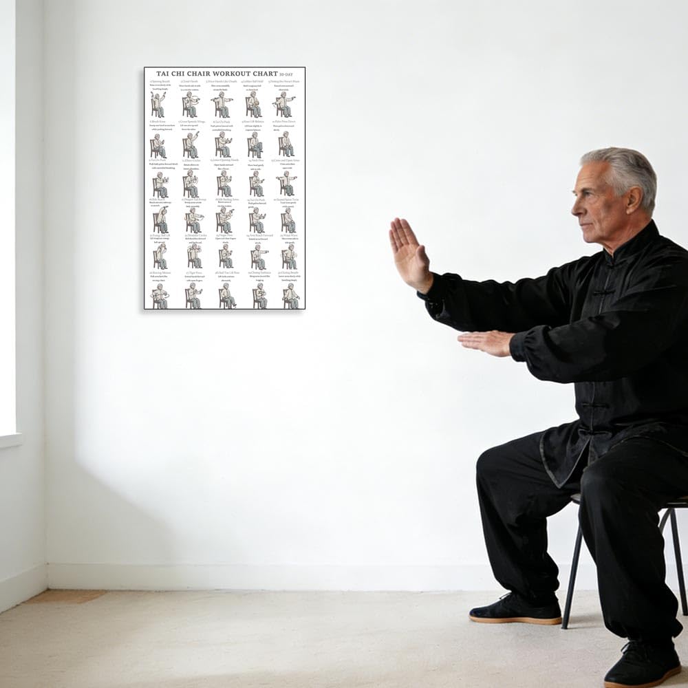 Tai Chi Chair Workout Chart Poster Print Seated Exercises for Beginners and Seniors Canvas Wall Art Home Gym Living Room Decor 12x18 Inch Unframed A