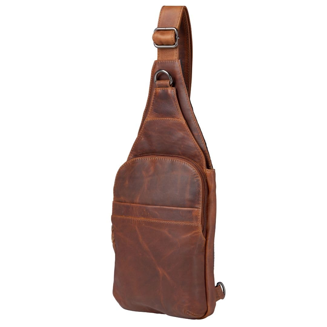 Lady Conceal - Dakota Unisex Leather Concealed Carry Sling Bag - Large Frame Handgun - Concealment pockets with Magnetic Closure and Universal Holster Backpack (Cognac) - 7" L x 15" H x 2" D