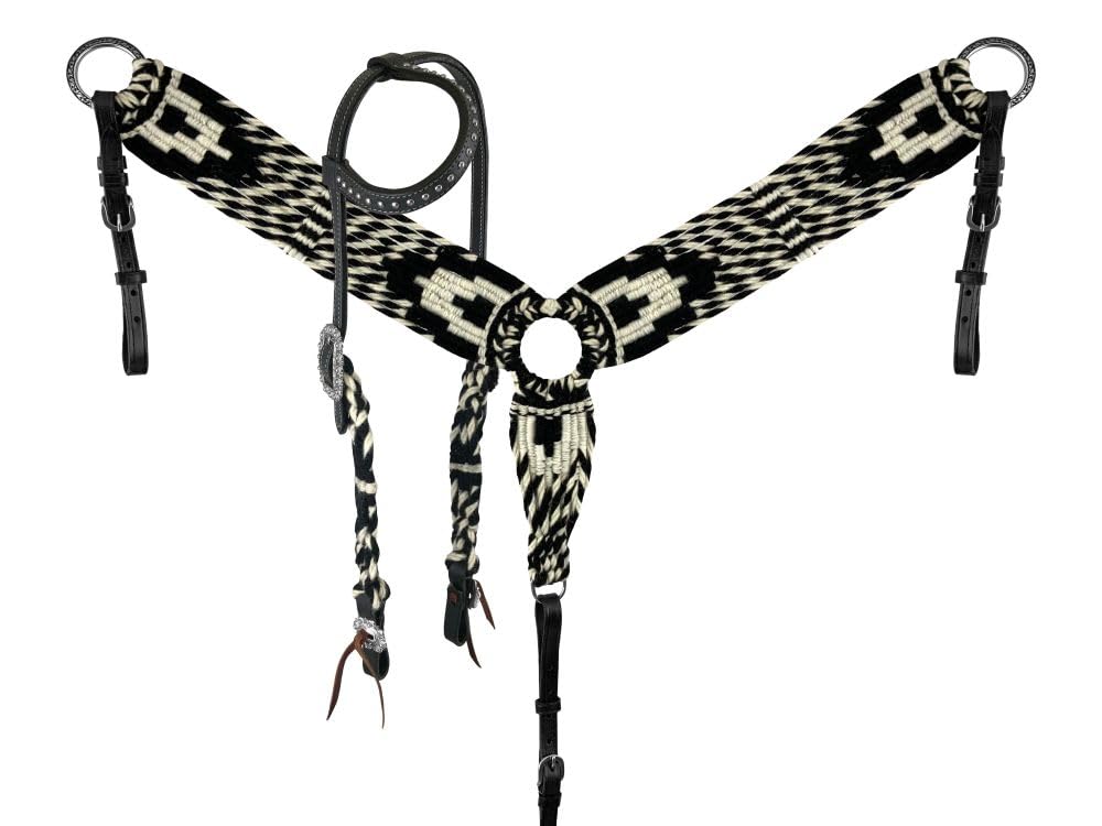 Showman Black & White Mohair Single Ear Headstall & Breast Collar Set