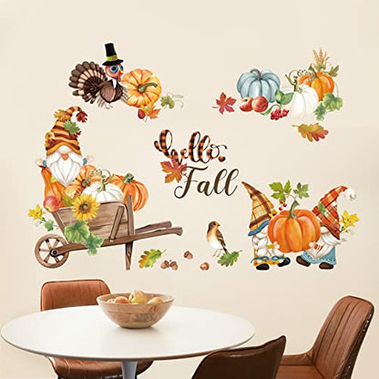 decalmile Fall Maple Leaf Wall Decals Thanksgiving Pumpkin Gnome Turkey Wall Stickers Kitchen Dining Room Party Autumn Home Decor