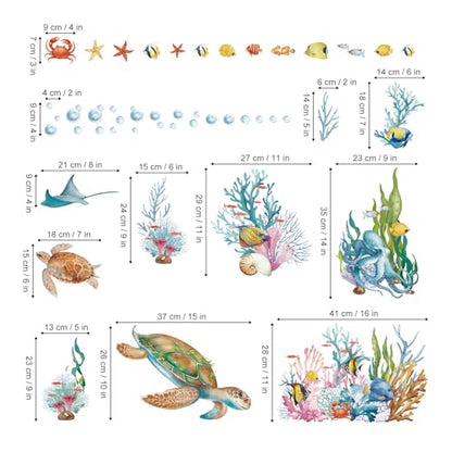 wondever Ocean Grass Seaweed Wall Stickers Under The Sea Turtle Coral Reef Tropical Fish Wall Art Decals for Baby Nursery Kids Bedroom Bathroom