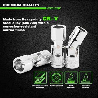19-Piece 1/4-Inch Drive Universal Joint Socket Set, Swivel Socket Set, 6-Point, SAE (3/16" to 9/16") and Metric (5mm to 15mm), CR-V, Universal Flex Socket for Easier Access to Tight Spaces